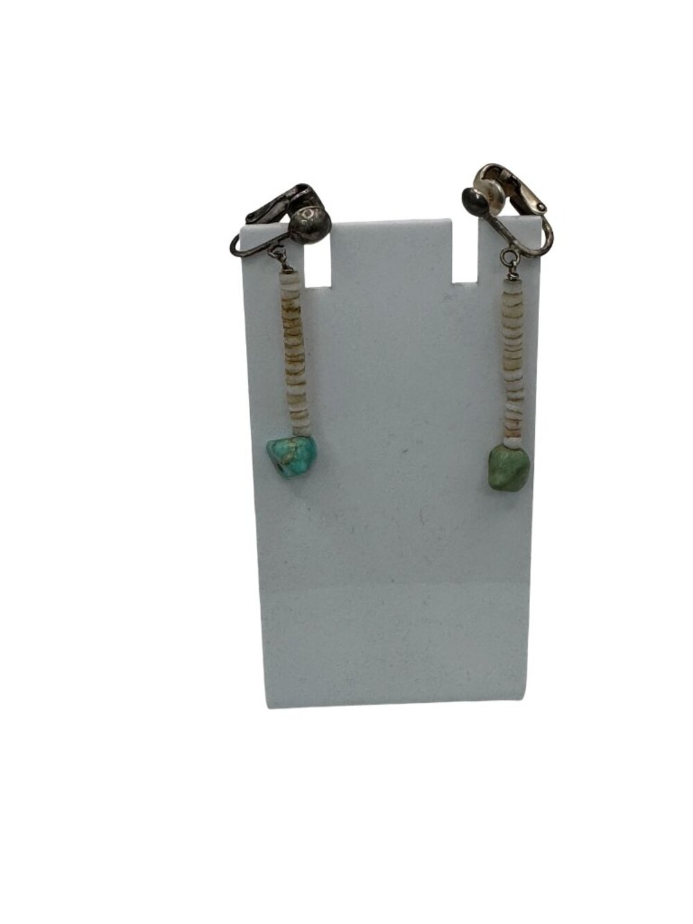 Vintage Native American Heishi Beaded Dangle Clip-On Earrings Turquoise Accents